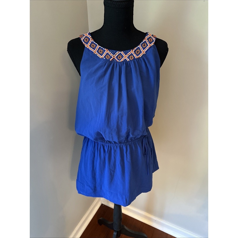 Woman's Y2K Arden B Beaded Halter Top Size L Blue Tunic NWT